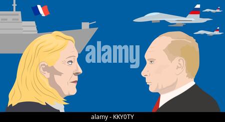 Novenber 1, 2017 Editorial Illustration eines französischen Politikers Marine Le Pen und der Präsident der Russischen Föderation Wladimir Putin Porträts auf milita Stock Vektor