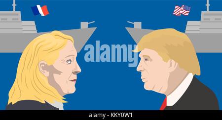 Novenber 1, 2017 Editorial Illustration eines französischen Politikers Marine Le Pen und der Präsident der usa Donald Trump Porträts auf Streitkräfte ba Stock Vektor