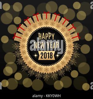 Golden neues Jahr 2018. Holiday runde Banner der Frohes neues Jahr 2018 in goldenen und schwarzen Farbe. vintage Gruß Abzeichen mit Geschenken und Zweige Fichte Stock Vektor