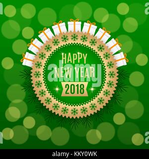 Golden neues Jahr 2018. Holiday runde Banner der Frohes neues Jahr 2018 in goldenen und grünen Farbe. vintage Gruß Abzeichen mit Geschenken und Zweige Fichte Stock Vektor