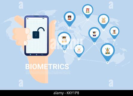 Biometrie scannen Konzept hand Halten smart phone über Weltkarte mit Benutzer Hintergrund Gesichtserkennung system Stock Vektor