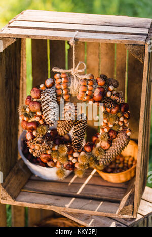 Wiese, Holzkisten, herbstliche Dekoration, detail, Stockfoto