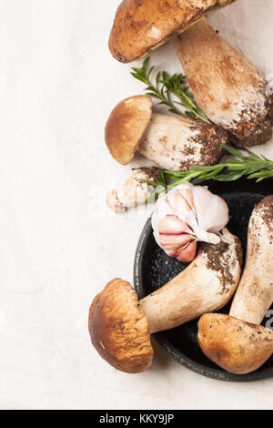 Ansicht von oben auf die Haufen der Steinpilze mit Thymian und Knoblauch über weiße Tischdecke Stockfoto