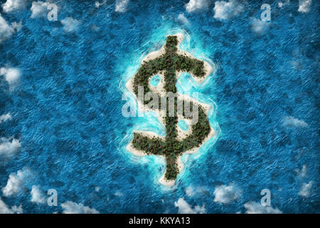 Steuerparadies finanzielle oder Reichtum Steuerhinterziehung auf einem US-Dollar geformte Insel. Stockfoto