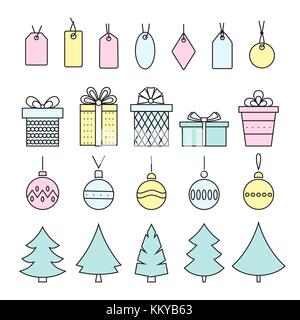 Line Art Stil weihnachten Symbole. Bäume, Bälle, Schneeflocken und Geschenke auf Weiß. Vektor. Stock Vektor