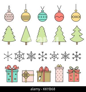 Line Art Weihnachten Symbole. Bäume, Bälle, Schneeflocken und Geschenke auf Weiß. Vektor. Stock Vektor