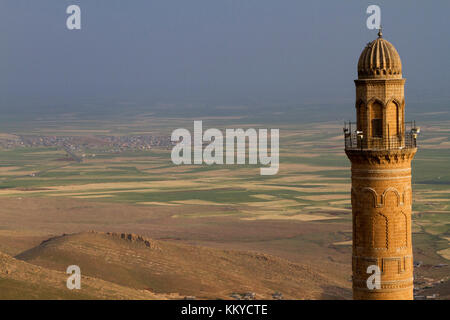 Minarett und Kuppel der Großen Moschee in mardin, Türkei mit der mesopotamien schlicht und syrischen Grenze im Hintergrund. Stockfoto