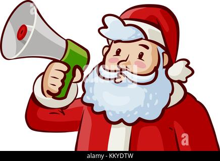 Weihnachtsmann mit Lautsprecher in der Hand. Weihnachten, Weihnachtskonzept. Illustration des Zeichentrickvektors Stock Vektor