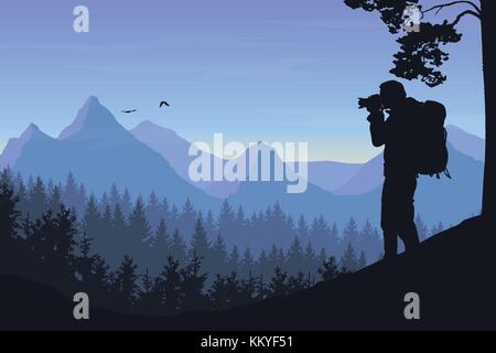 Ein tourist Fotografieren einer fliegenden Vogel in einer Berglandschaft mit Wald unter einem morgenhimmel mit Dawn und Wolken - Vektor Stock Vektor