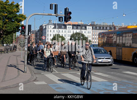 Sommer am späten Vormittag mit dem Fahrrad Ansturm auf Radweg an der stark Fahrrad befahrene Kreuzung Frederiksborggade, Søtorvet, in Richtung Zentrum von Kopenhagen. Stockfoto