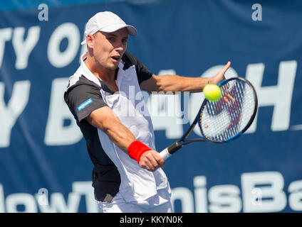 DELRAY BEACH, FL- FEBRUAR 23: Steve Darcis Tag 7 bei den 2017 Delray Beach Open ein ATP 250 Veranstaltung am Februar 23, 2017 in Delray Beach, Florida. Personen: Steve Darcis Übertragung Ref: MNC20 Stockfoto