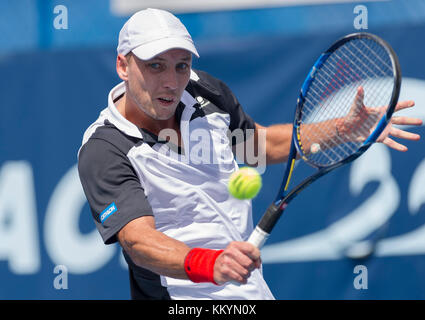 DELRAY BEACH, FL- FEBRUAR 23: Steve Darcis Tag 7 bei den 2017 Delray Beach Open ein ATP 250 Veranstaltung am Februar 23, 2017 in Delray Beach, Florida. Personen: Steve Darcis Übertragung Ref: MNC20 Stockfoto