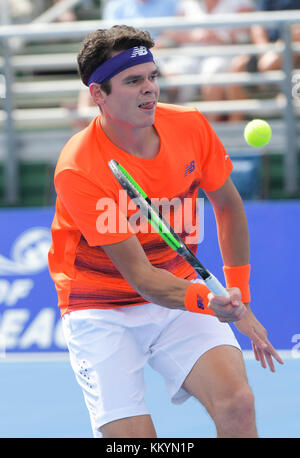 DELRAY BEACH, FL- FEBRUAR 21: Milos Raonic Tag 5 bei den 2017 Delray Beach Open eine ATP 250 Veranstaltung am 21. Februar 2017 in Delray Beach, Florida. Personen: Milos Raonic Transmission Ref: MNC20 Stockfoto