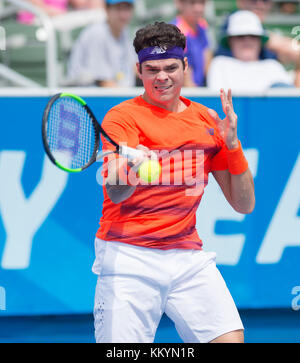 DELRAY BEACH, FL- FEBRUAR 21: Milos Raonic Tag 5 bei den 2017 Delray Beach Open eine ATP 250 Veranstaltung am 21. Februar 2017 in Delray Beach, Florida. Personen: Milos Raonic Transmission Ref: MNC20 Stockfoto