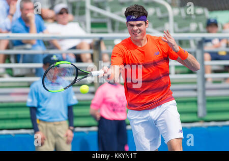 DELRAY BEACH, FL- FEBRUAR 21: Milos Raonic Tag 5 bei den 2017 Delray Beach Open eine ATP 250 Veranstaltung am 21. Februar 2017 in Delray Beach, Florida. Personen: Milos Raonic Transmission Ref: MNC20 Stockfoto
