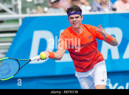 DELRAY BEACH, FL- FEBRUAR 21: Milos Raonic Tag 5 bei den 2017 Delray Beach Open eine ATP 250 Veranstaltung am 21. Februar 2017 in Delray Beach, Florida. Personen: Milos Raonic Transmission Ref: MNC20 Stockfoto