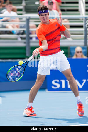 DELRAY BEACH, FL- FEBRUAR 21: Milos Raonic Tag 5 bei den 2017 Delray Beach Open eine ATP 250 Veranstaltung am 21. Februar 2017 in Delray Beach, Florida. Personen: Milos Raonic Transmission Ref: MNC20 Stockfoto