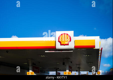 Shell Tankstelle unterzeichnen und Dach in Großbritannien vor blauem Himmel Stockfoto