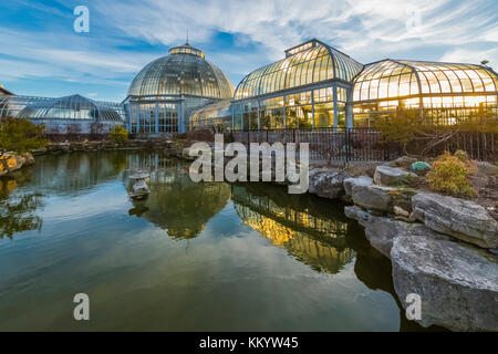 Außenansicht, Vom Seerosenteich, der greenouses Gegenlicht der untergehenden Sonne am Anna Scripps whitcomb Conservatory in Belle Isle Park, Detroit, mic Stockfoto