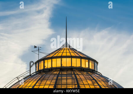 Außenansicht des greenouses Gegenlicht der untergehenden Sonne am Anna Scripps Whitcomb Conservatory in Belle Isle Park, Detroit, Michigan, USA Stockfoto