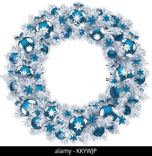 Weihnachten Kranz mit silberner Farbe tannenzweigen, blaue Kugeln und Dekorationen auf weißem Hintergrund. Vector Illustration. Stock Vektor