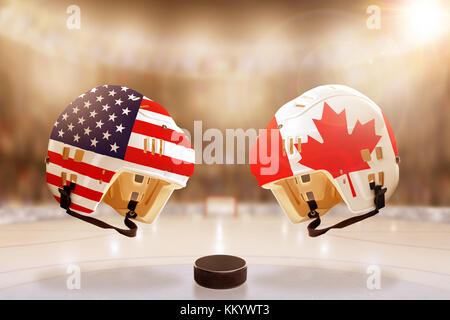 Low Angle View hockey Helme mit Kanada und Russland Fahnen bemalt und Hockey Puck auf dem Eis in hell erleuchteten Stadion Hintergrund. Konzept der intensiven Ri Stockfoto