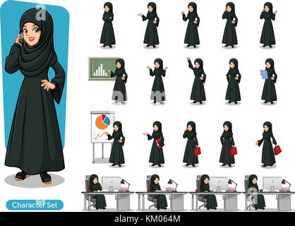 Satz von arabischen Geschäftsfrau in schwarzem Kleid Cartoon Character Design mit unterschiedlichen Posen vor weißem Hintergrund. Stock Vektor