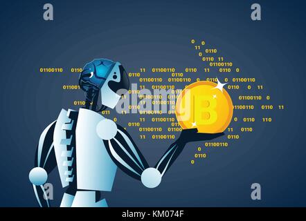 Roboter holding Bitcoin crypto Währung banner digital web Geld Konzept Stock Vektor