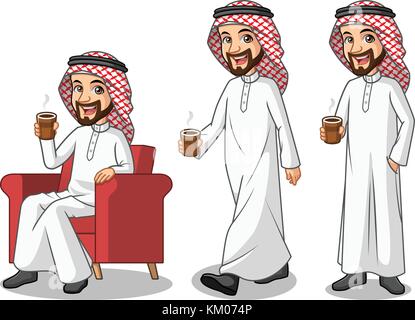 Der Geschäftsmann saudi-arabischer Mann Cartoon Character Design machen eine Pause Entspannung mit der Holding bei Kaffee Tee, gegen Weiße isoliert. Stock Vektor