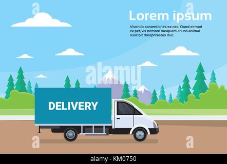 Cargo truck van auf der Straße mit Bergen im Hintergrund Lieferung und Versand Konzept Stock Vektor