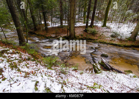 Berg Fluss, Bach, Bach mit Stromschnellen im späten Herbst und frühen Winter mit Schnee, Schlucht Vintgar, Slowenien Stockfoto