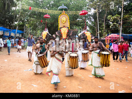 Caparisoned oder dekorierte Elefanten mit chenda melam aus einem pooram Festival, eravimangalam shashti, thrissur, Kerala, Indien, pradeep Subramanian Stockfoto