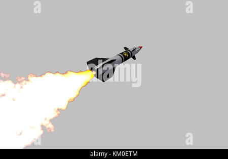 Nukleare Rakete isoliert auf grauem Hintergrund. 3D-Rendering Stockfoto