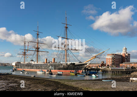 HMS Warrior 1860, erste Eisen gekleidet Kriegsschiff, entworfen von Isaac Watts und Tomas Lloyd,, Portsmouth, Hampshire, England, UK, Vereinigtes Königreich November 2017 Stockfoto