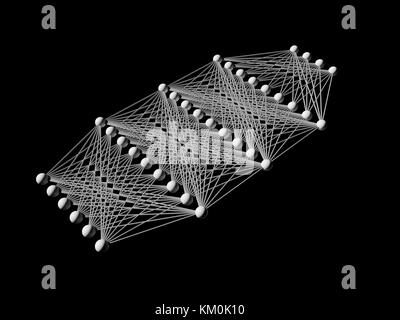 Künstliche tiefe neuronales Netz, schematisches Modell auf schwarz, 3D-Render isoliert Stockfoto