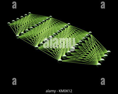 Künstliche tiefe neuronale Netz mit grünen Links, schematisches Modell auf schwarz, 3D-Illustration isoliert Stockfoto