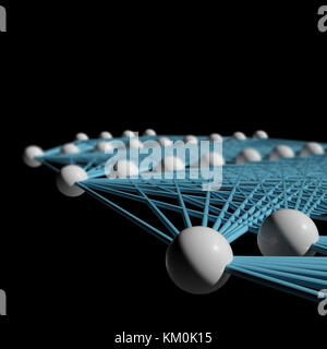 Künstliche tiefe neuronale Netz mit den blauen Links, schematisches Modell Fragment auf schwarz, 3D-Illustration isoliert Stockfoto