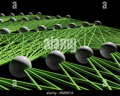 Künstliche tiefe neuronale Netz Fragment mit hellen grünen Links, schematisches Modell auf schwarz, 3D-Illustration isoliert Stockfoto