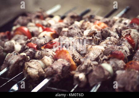 Frische rohe Türkei Filetsteak rotes Fleisch am Spieß Grill Bruststück brazier Raster vollständig verbrannte Holzkohle Stockfoto