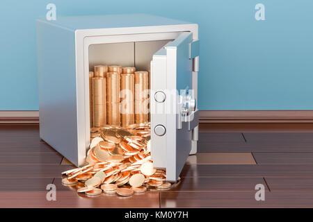 Safe voller goldenen Münzen auf dem Boden, 3D-Rendering Stockfoto