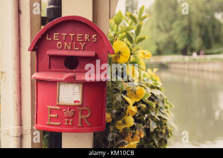 Vintage Red Letter Box mit gelben Blüten und den Fluss Cambridge im Hintergrund. Querformat. Stockfoto