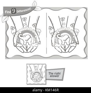 Visuelle Spiel für Kinder und Erwachsene. Aufgabe 9 Unterschiede in den Händen mit Phantasie. Schwarze und Weiße Vector Illustration finden Stock Vektor