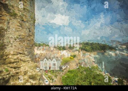 Stadt Conwy in Wales mit Meer- und Segelschiffen. digitalisiertes Foto im impressionistischen Stil Stockfoto