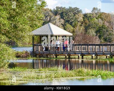 USA, Florida, Gainesville. Paynes Prairie State Park Pavillon erhalten am Ende der Promenade entlang Alachua See mit Menschen auf der Suche nach unsichtbaren Wildnis. Stockfoto