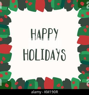 Weihnachten Grußkartenvorlage mit grünen und roten Strichen und Punkten und Text frohe Feiertage auf weißem Hintergrund. Stock Vektor