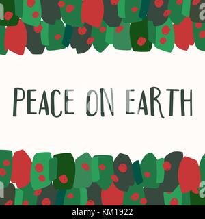 Weihnachten Grußkartenvorlage mit grünen und roten Strichen und Punkten und Text Frieden auf Erden auf weißem Hintergrund. Stock Vektor