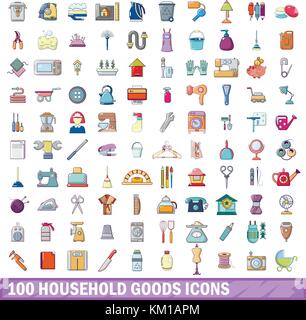 100 Haushaltswaren Symbole, Cartoon Stil Stock Vektor
