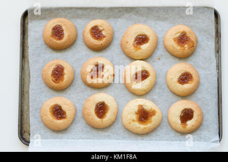 Cookies auf Backblech gerade aus dem Ofen Stockfoto