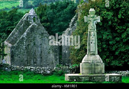 Celtic christian High Cross 12 C. saint Tola steht vor der mittelalterlichen Klosterkirche an dysert O'Dea, County Clare, Irland. Stockfoto