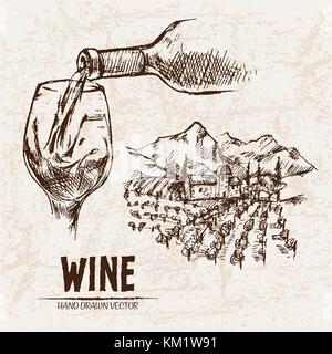 Digitale Vektor detaillierte Strichzeichnungen gießen Wein und Weinberg Hand gezeichnet retro Abbildung Sammlung eingestellt. Dünne künstlerische Bleistift skizzieren. vintage Tinte fla Stock Vektor